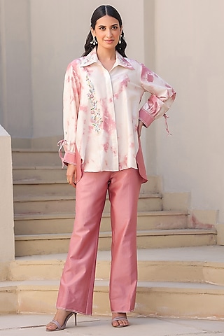 Pink Silk Tencel Floral Embroidered Co-ord Set by Niti Bothra