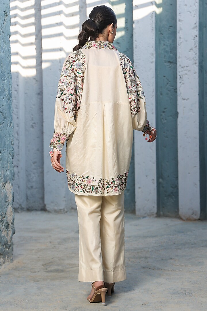 Ivory Silk Tencel Threadwork Embroidered Co-Ord Set by Niti Bothra at Pernia's Pop Up Shop