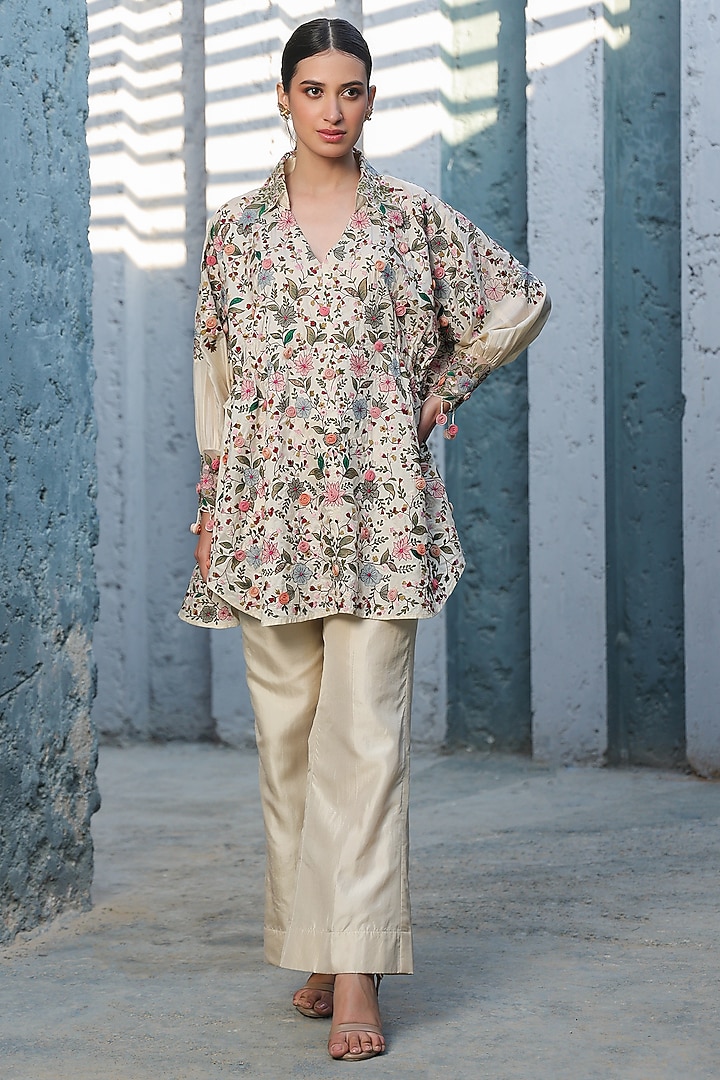 Ivory Silk Tencel Threadwork Embroidered Co-Ord Set by Niti Bothra at Pernia's Pop Up Shop
