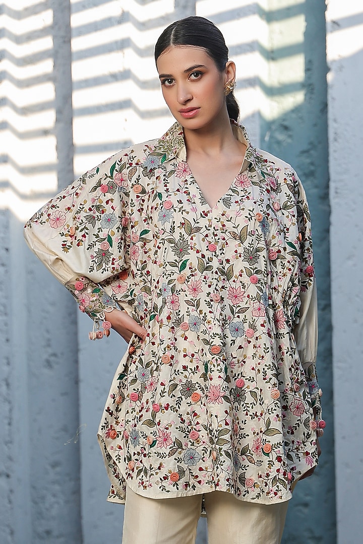 Ivory Silk Tencel Threadwork Embroidered Co-Ord Set by Niti Bothra at Pernia's Pop Up Shop