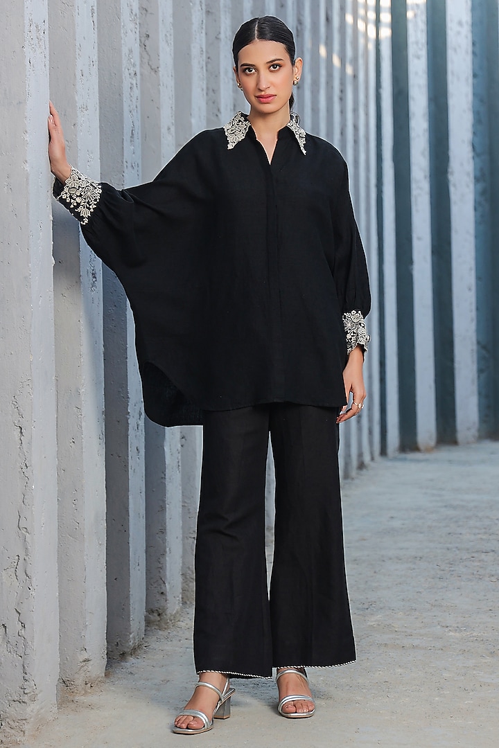 Black Silk Tencel Embroidered Co-Ord Set by Niti Bothra at Pernia's Pop Up Shop
