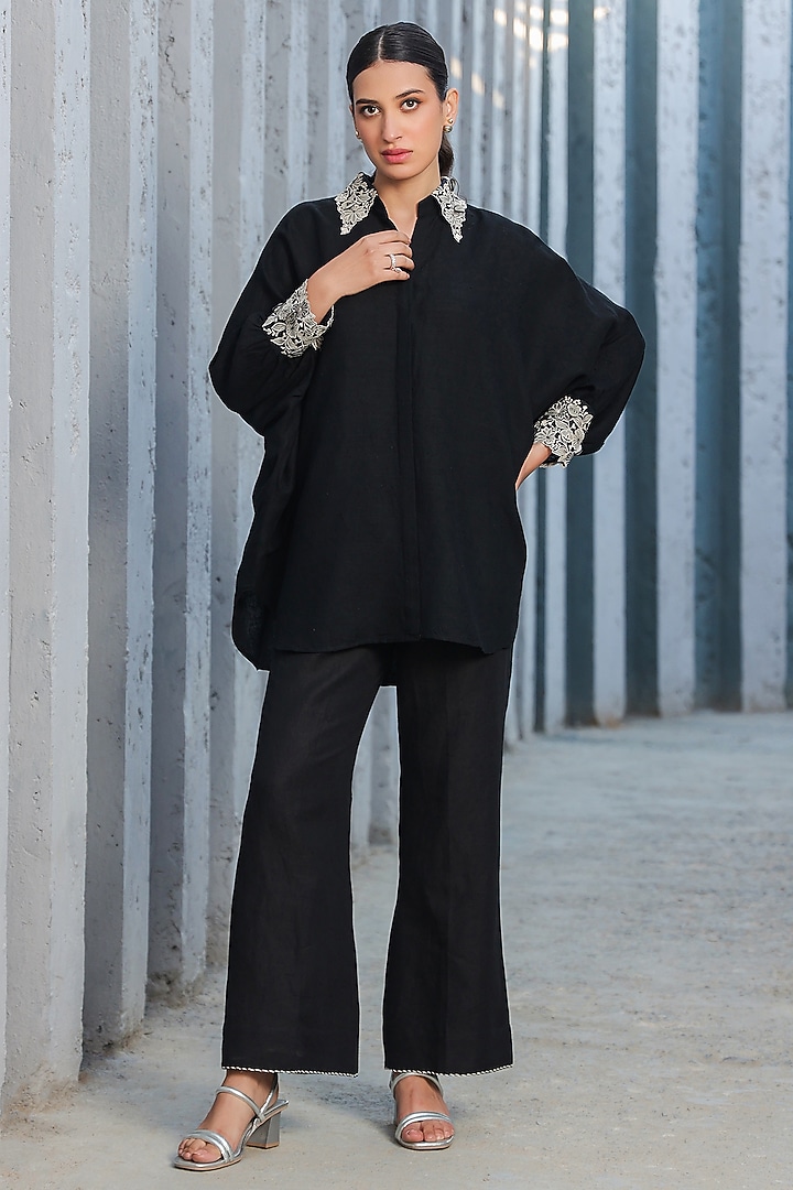 Black Silk Tencel Embroidered Co-Ord Set by Niti Bothra at Pernia's Pop Up Shop