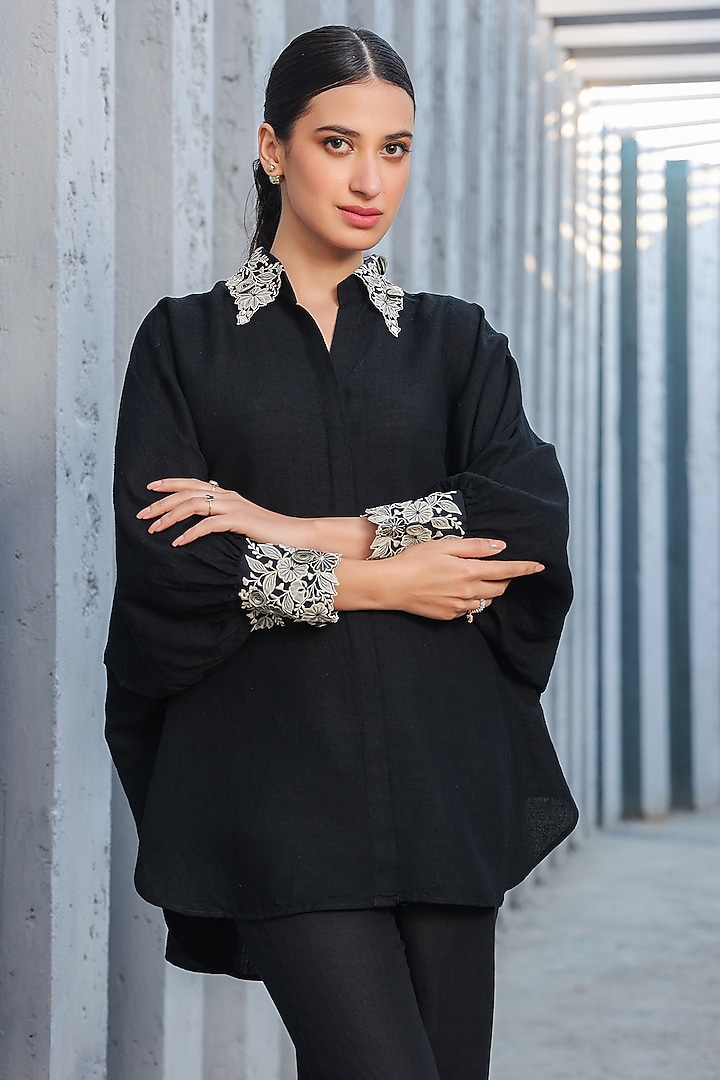 Black Silk Tencel Embroidered Co-Ord Set by Niti Bothra at Pernia's Pop Up Shop