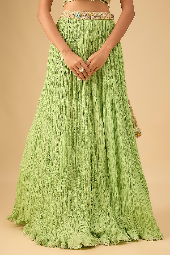 Green Silk Embroidered Crushed Wedding Lehenga Set by Niti Bothra at Pernia's Pop Up Shop