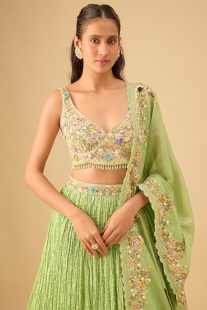 Green Silk Embroidered Crushed Wedding Lehenga Set by Niti Bothra at Pernia's Pop Up Shop