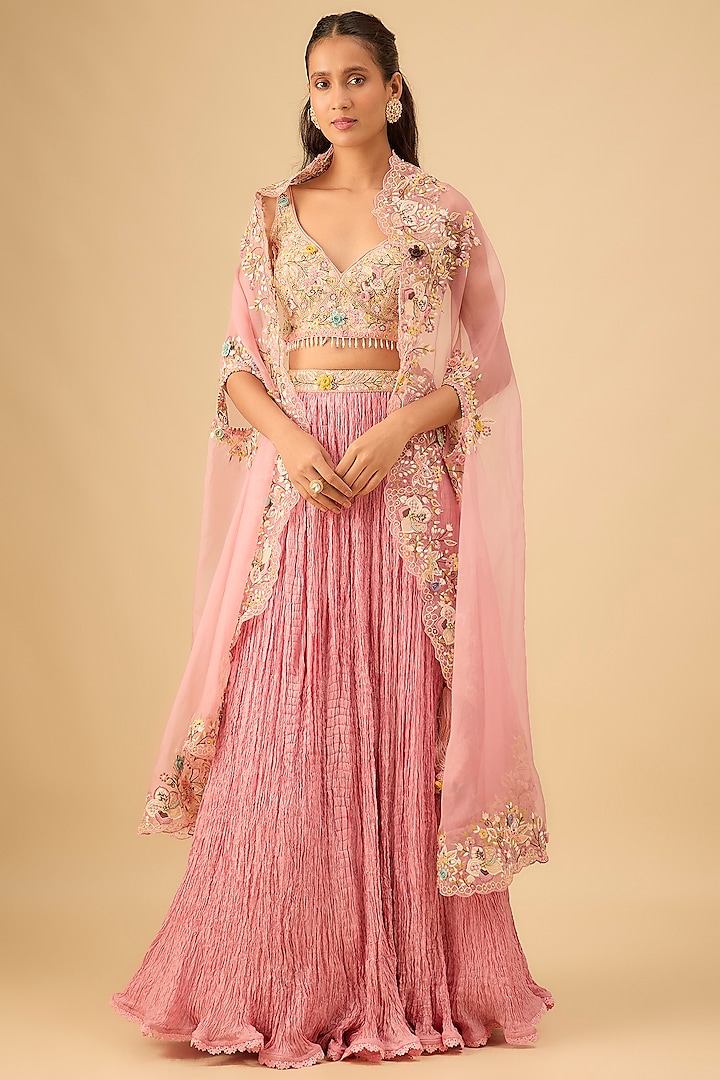 Pink Silk Embroidered Crushed Jacket Wedding Lehenga Set by Niti Bothra at Pernia's Pop Up Shop