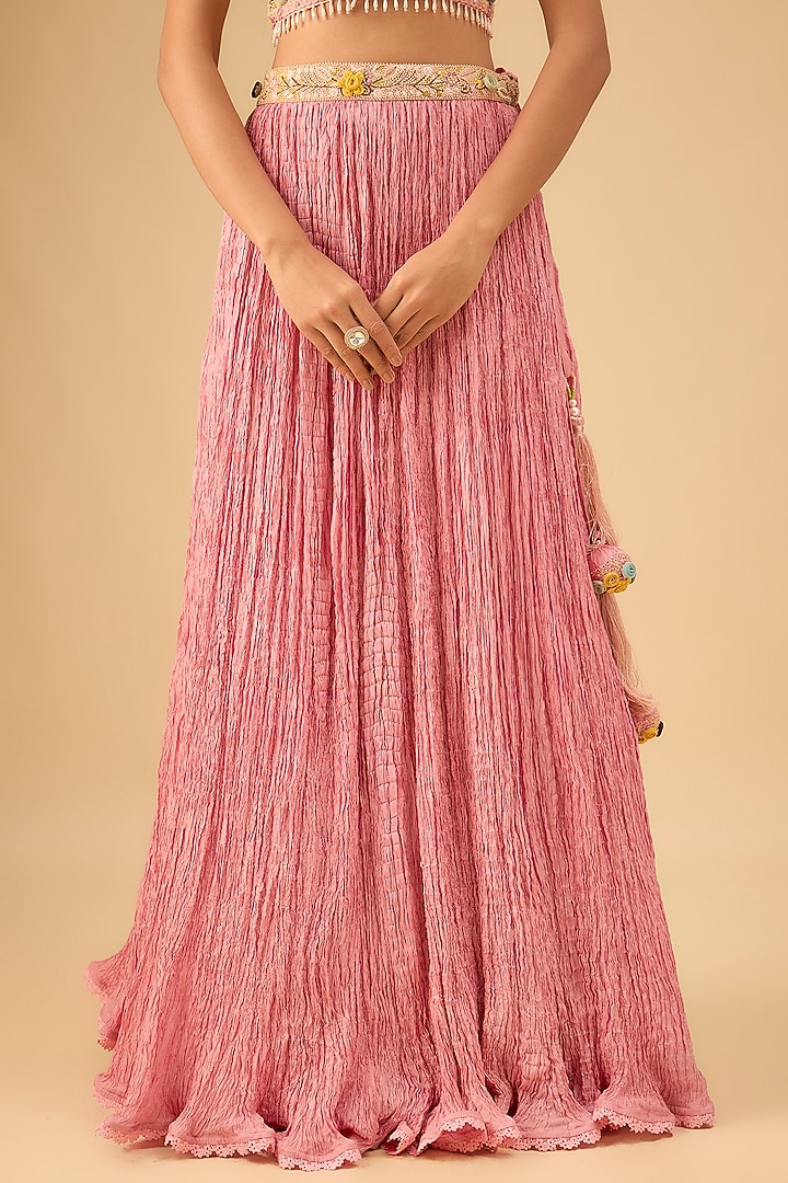 Pink Silk Embroidered Crushed Jacket Wedding Lehenga Set by Niti Bothra at Pernia's Pop Up Shop