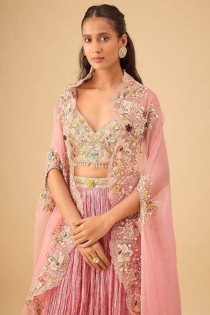 Pink Silk Embroidered Crushed Jacket Wedding Lehenga Set by Niti Bothra at Pernia's Pop Up Shop