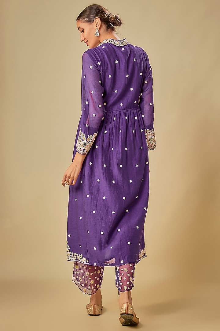 Purple Silk Dori & Resham Floral Embroidered Kurta Set by Niti Bothra at Pernia's Pop Up Shop