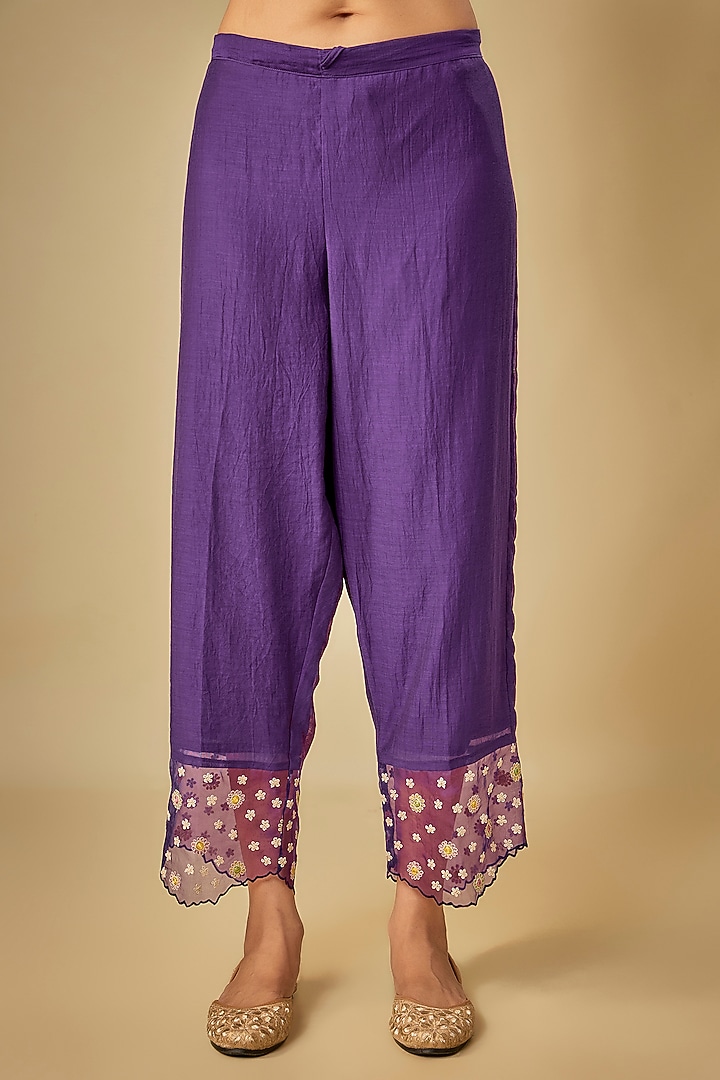 Purple Silk Dori & Resham Floral Embroidered Kurta Set by Niti Bothra at Pernia's Pop Up Shop