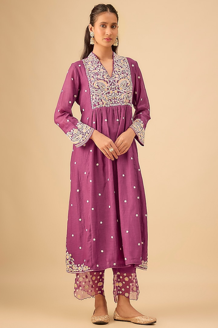 Wine Silk Resham Embroidered Kurta Set by Niti Bothra at Pernia's Pop Up Shop