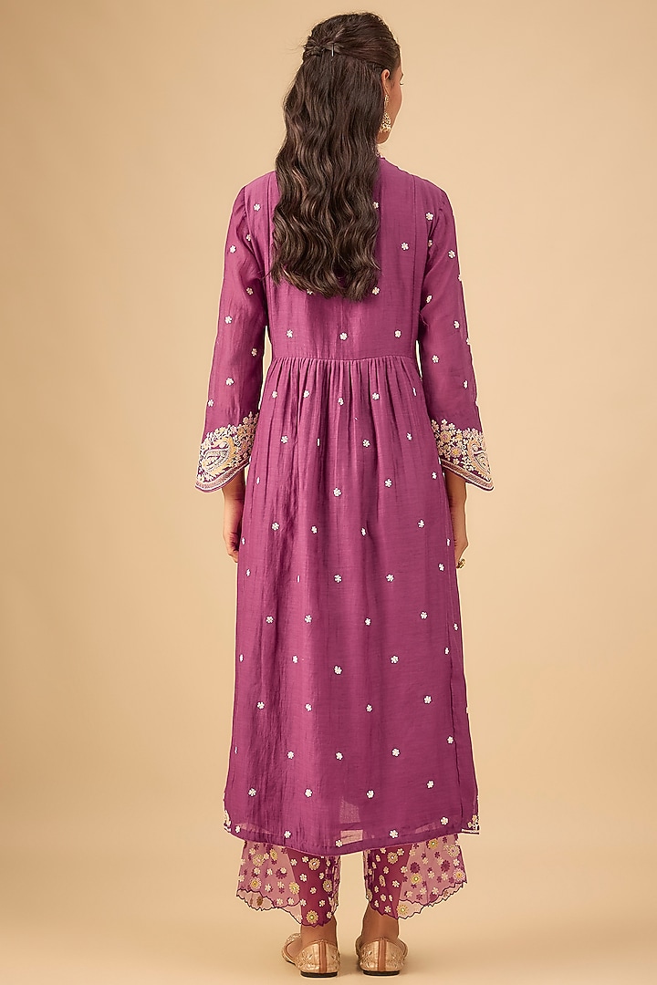 Wine Silk Resham Embroidered Kurta Set by Niti Bothra at Pernia's Pop Up Shop