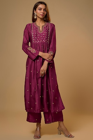 Wine Silk Zardosi Embroidered Kurta Set by Niti Bothra