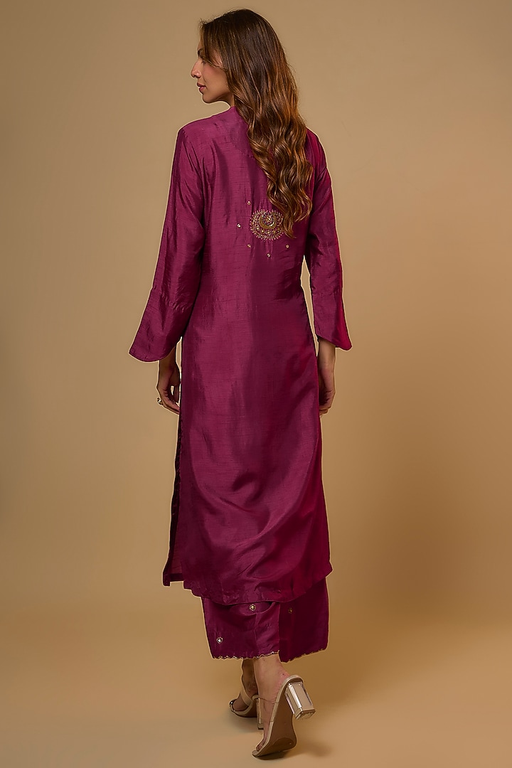 Wine Silk Zardosi Embroidered Kurta Set by Niti Bothra at Pernia's Pop Up Shop