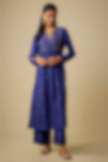 Blue Silk Zardosi Embroidered Kurta Set by Niti Bothra at Pernia's Pop Up Shop