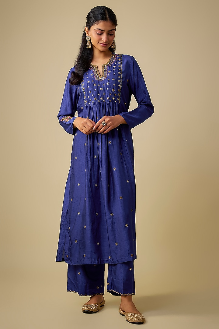 Blue Silk Zardosi Embroidered Kurta Set by Niti Bothra at Pernia's Pop Up Shop