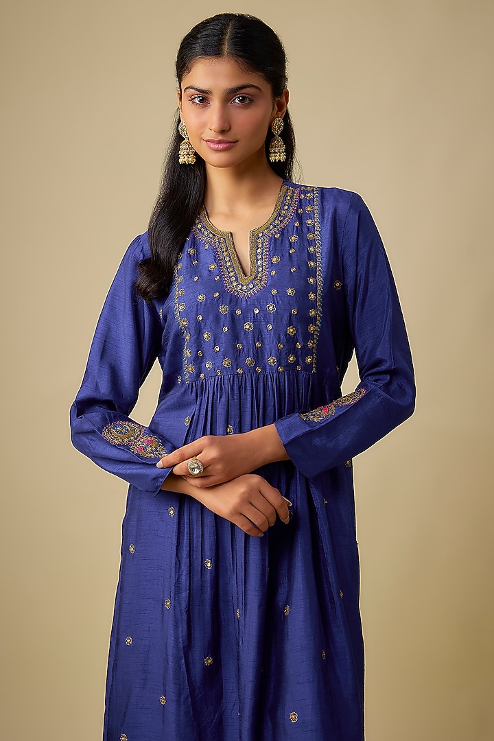 Blue Silk Zardosi Embroidered Kurta Set by Niti Bothra at Pernia's Pop Up Shop