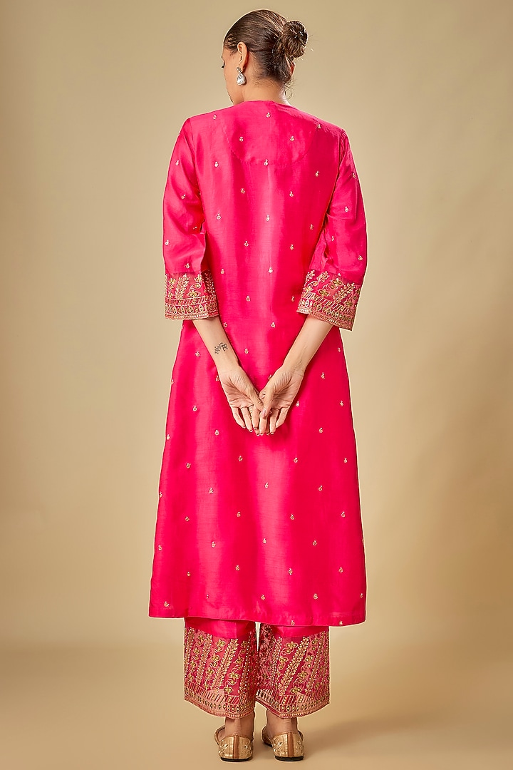 Pink Raw Silk Gota-Patti Embroidered Kurta Set by Niti Bothra at Pernia's Pop Up Shop