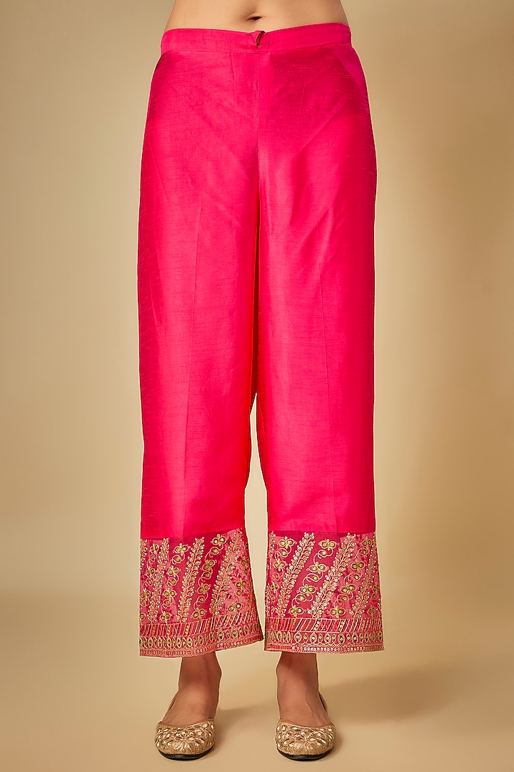 Pink Raw Silk Gota-Patti Embroidered Kurta Set by Niti Bothra at Pernia's Pop Up Shop