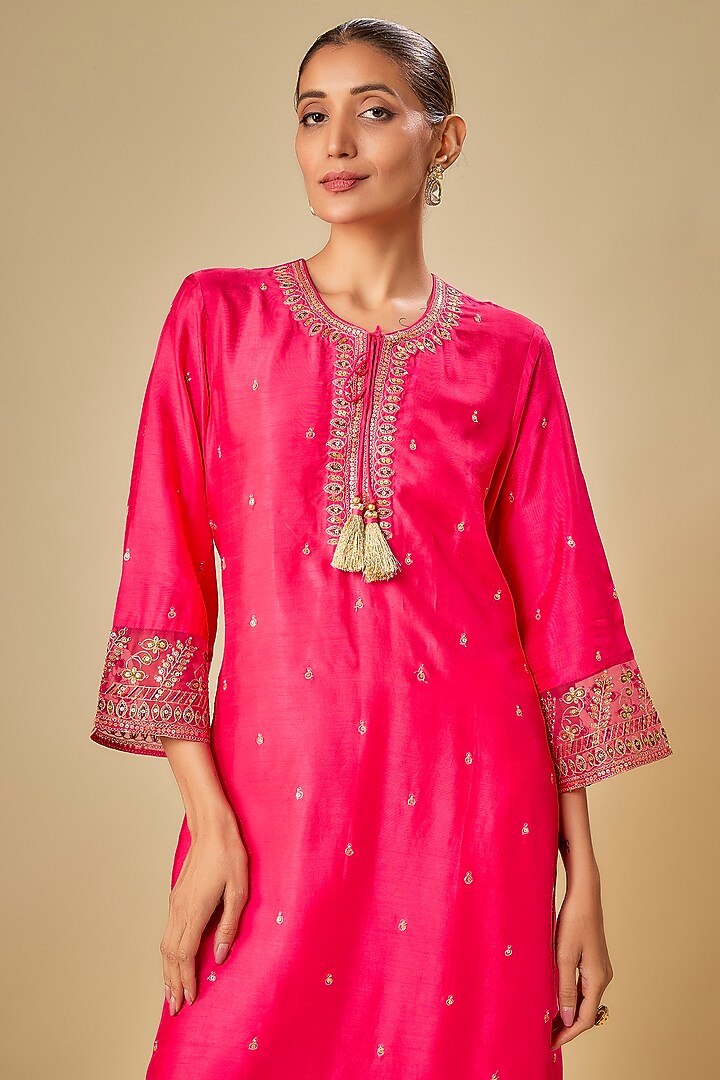 Pink Raw Silk Gota-Patti Embroidered Kurta Set by Niti Bothra at Pernia's Pop Up Shop