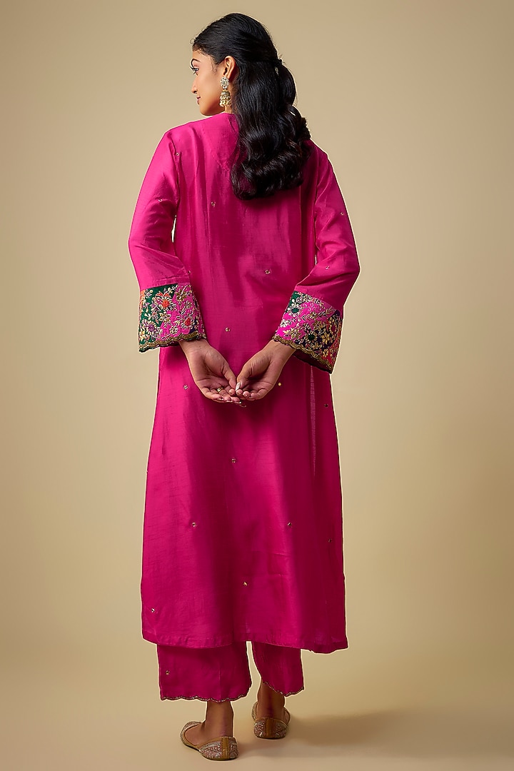 Pink Raw Silk Resham Embroidered Kurta Set by Niti Bothra at Pernia's Pop Up Shop