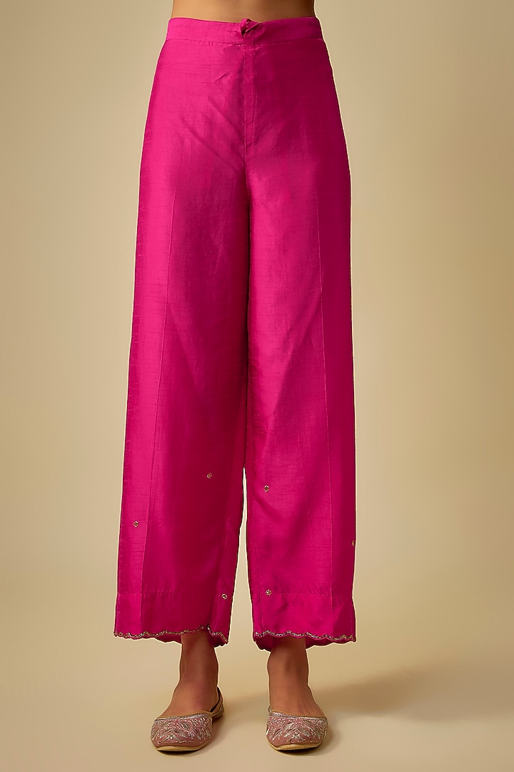 Pink Raw Silk Resham Embroidered Kurta Set by Niti Bothra at Pernia's Pop Up Shop
