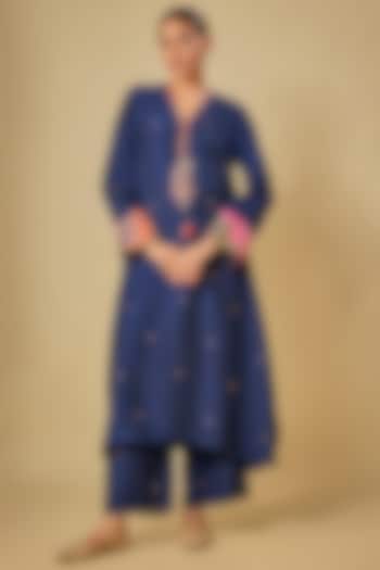 Electric Blue Raw Silk Gota-Patti Embroidered Kurta Set by Niti Bothra at Pernia's Pop Up Shop