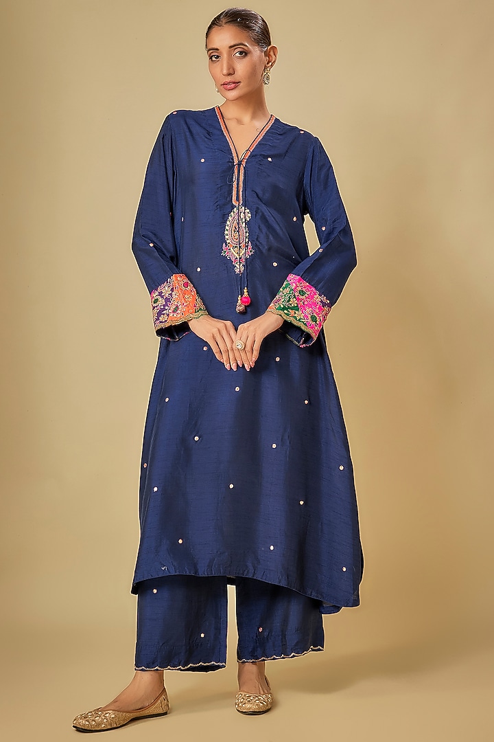 Electric Blue Raw Silk Gota-Patti Embroidered Kurta Set by Niti Bothra at Pernia's Pop Up Shop