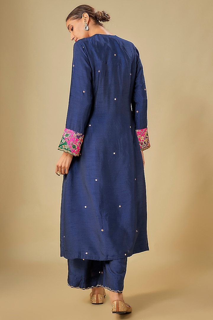 Electric Blue Raw Silk Gota-Patti Embroidered Kurta Set by Niti Bothra at Pernia's Pop Up Shop