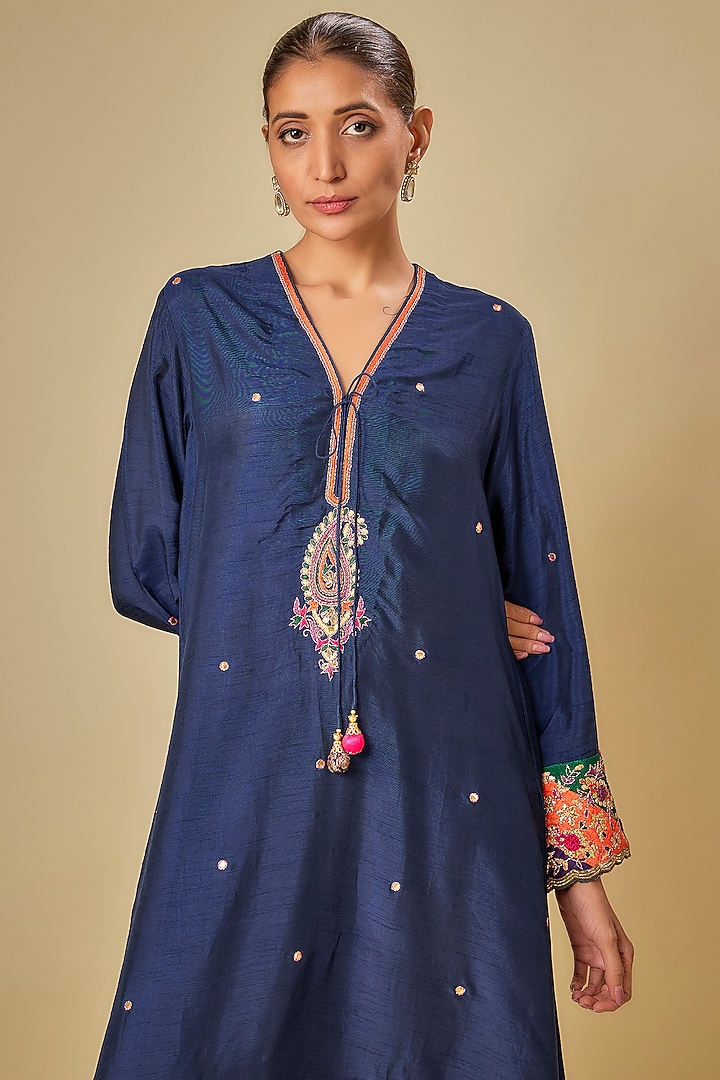 Electric Blue Raw Silk Gota-Patti Embroidered Kurta Set by Niti Bothra at Pernia's Pop Up Shop