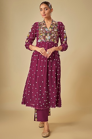 Wine Silk Floral Applique Embroidered Kurta Set by Niti Bothra