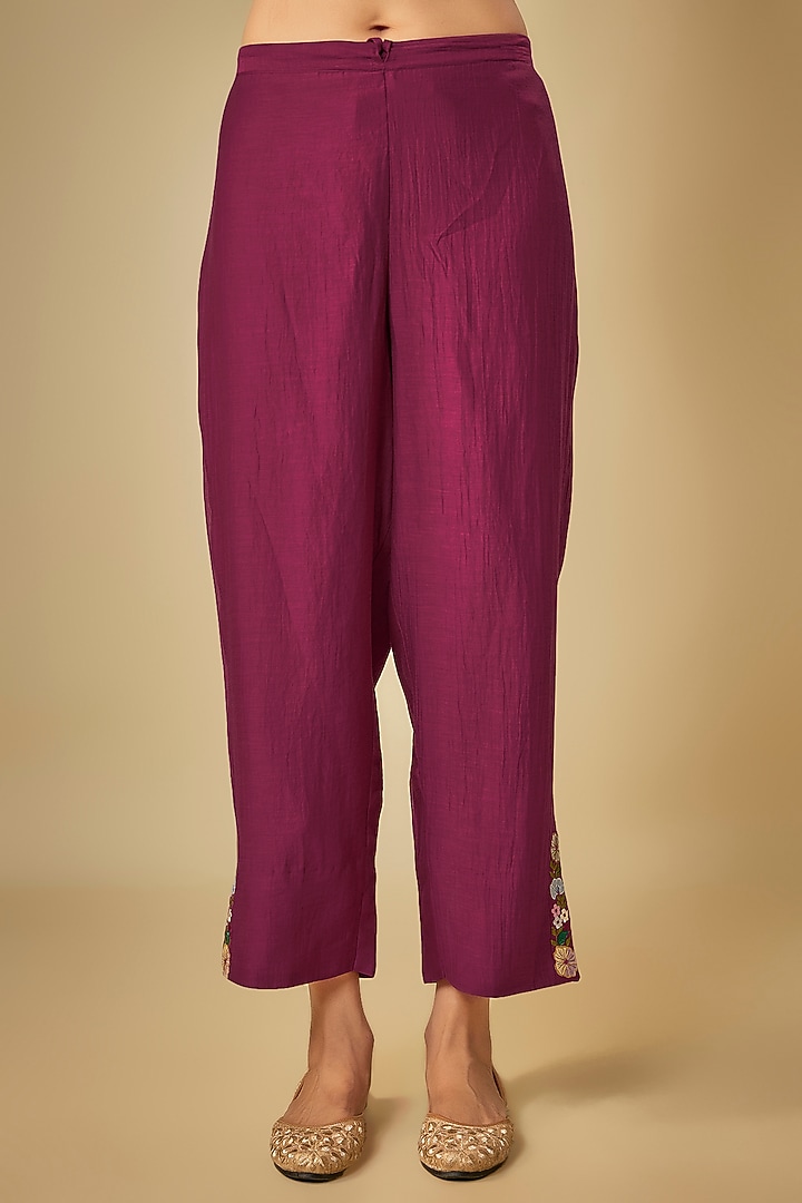 Wine Silk Floral Applique Embroidered Kurta Set by Niti Bothra at Pernia's Pop Up Shop