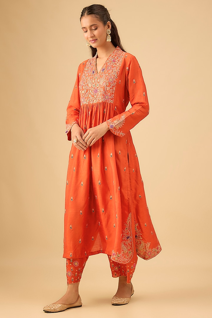 Orange Silk Zardosi Jaal Embroidered Kurta Set by Niti Bothra at Pernia's Pop Up Shop