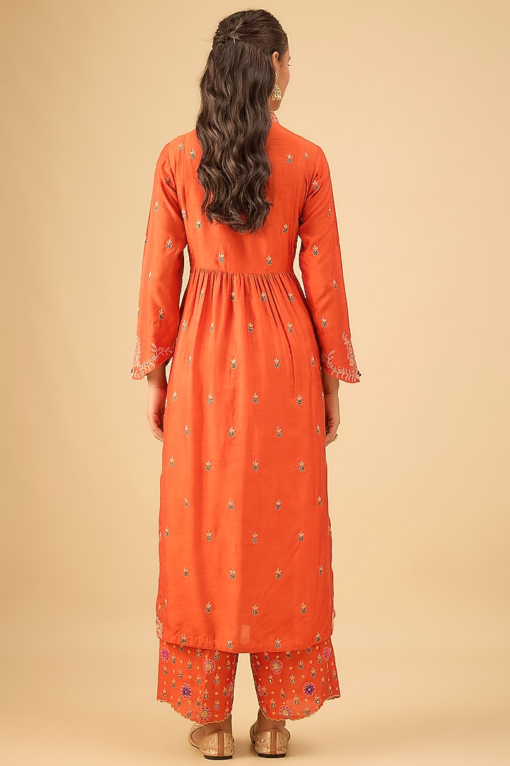 Orange Silk Zardosi Jaal Embroidered Kurta Set by Niti Bothra at Pernia's Pop Up Shop