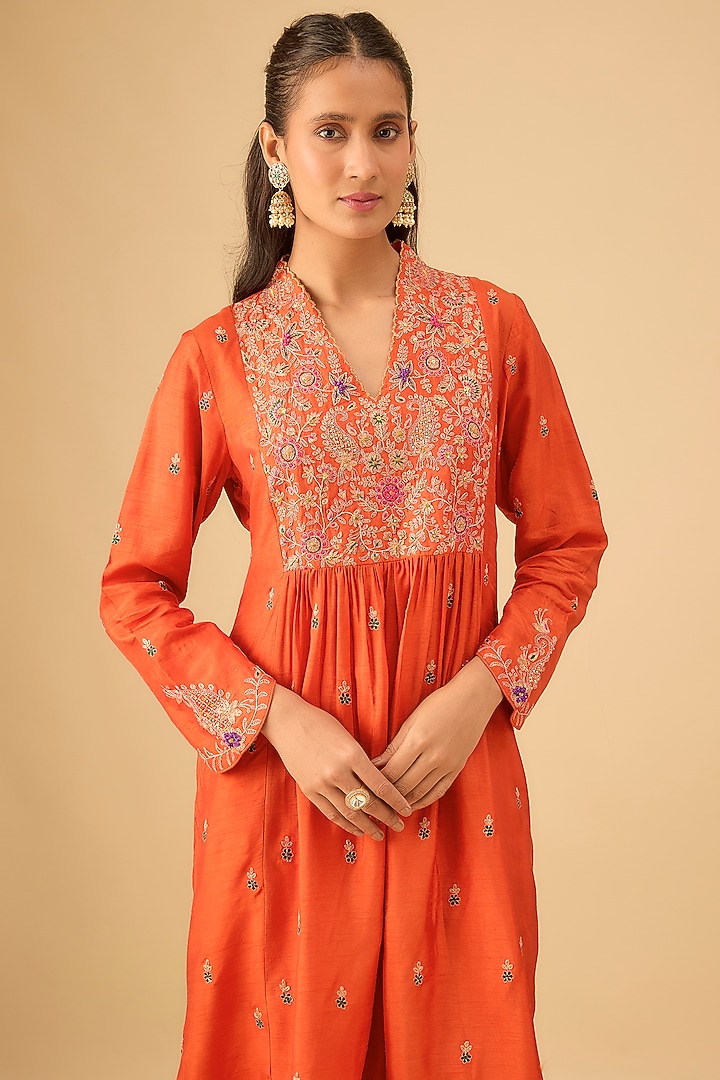 Orange Silk Zardosi Jaal Embroidered Kurta Set by Niti Bothra at Pernia's Pop Up Shop