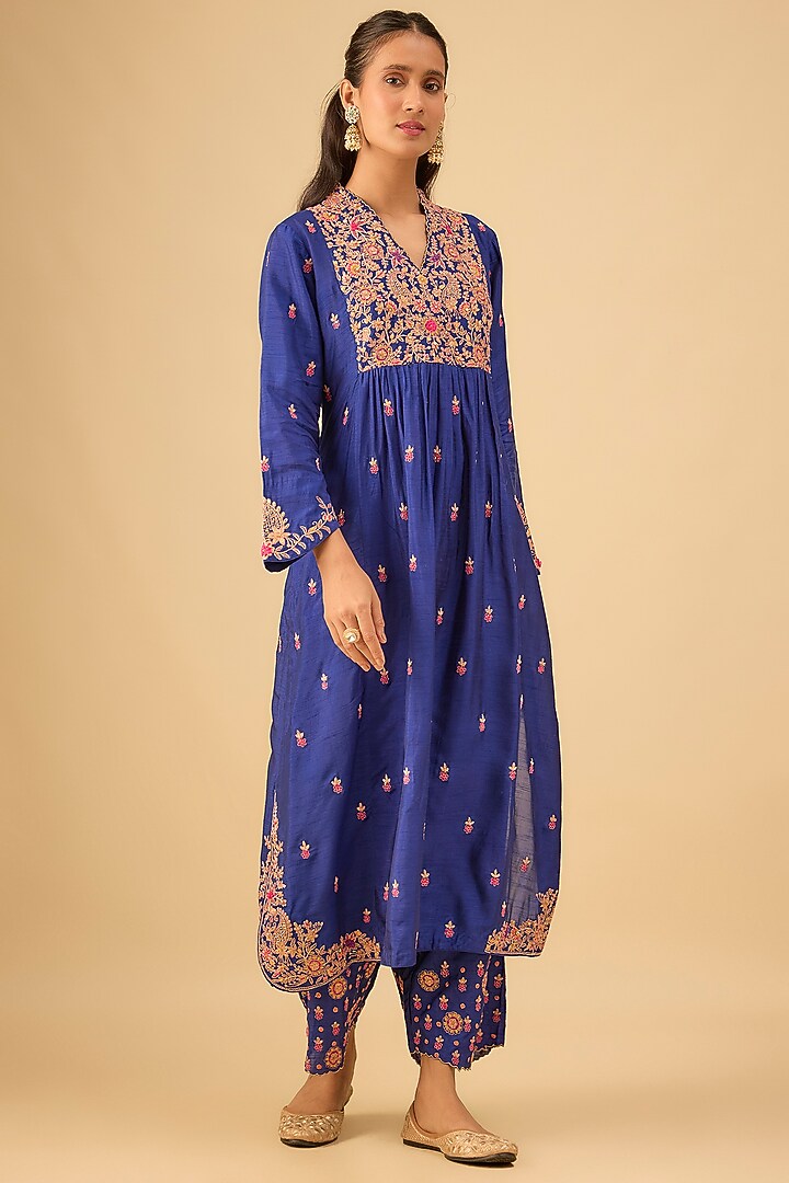 Blue Silk Zardosi Jaal Embroidered Kurta Set by Niti Bothra at Pernia's Pop Up Shop