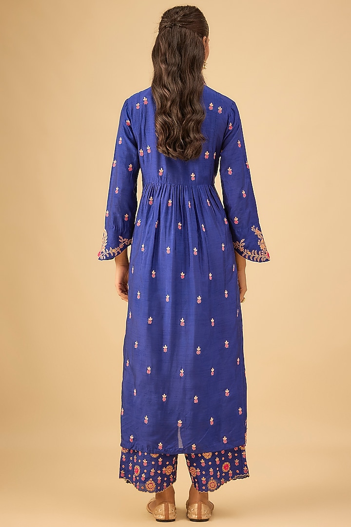 Blue Silk Zardosi Jaal Embroidered Kurta Set by Niti Bothra at Pernia's Pop Up Shop
