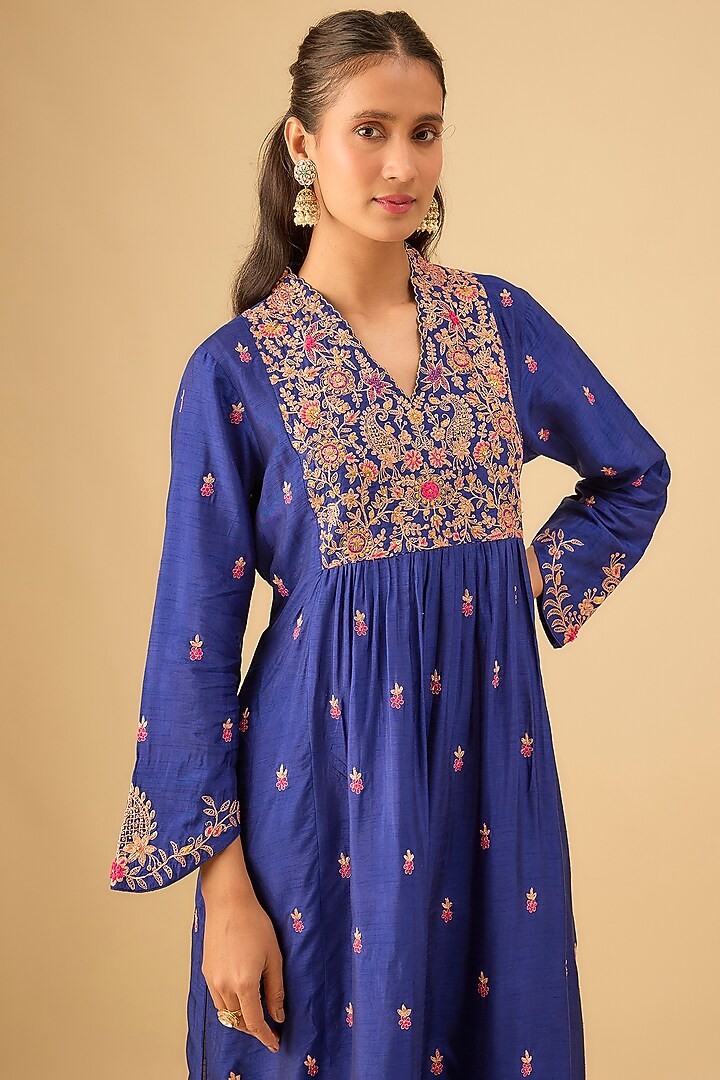 Blue Silk Zardosi Jaal Embroidered Kurta Set by Niti Bothra at Pernia's Pop Up Shop