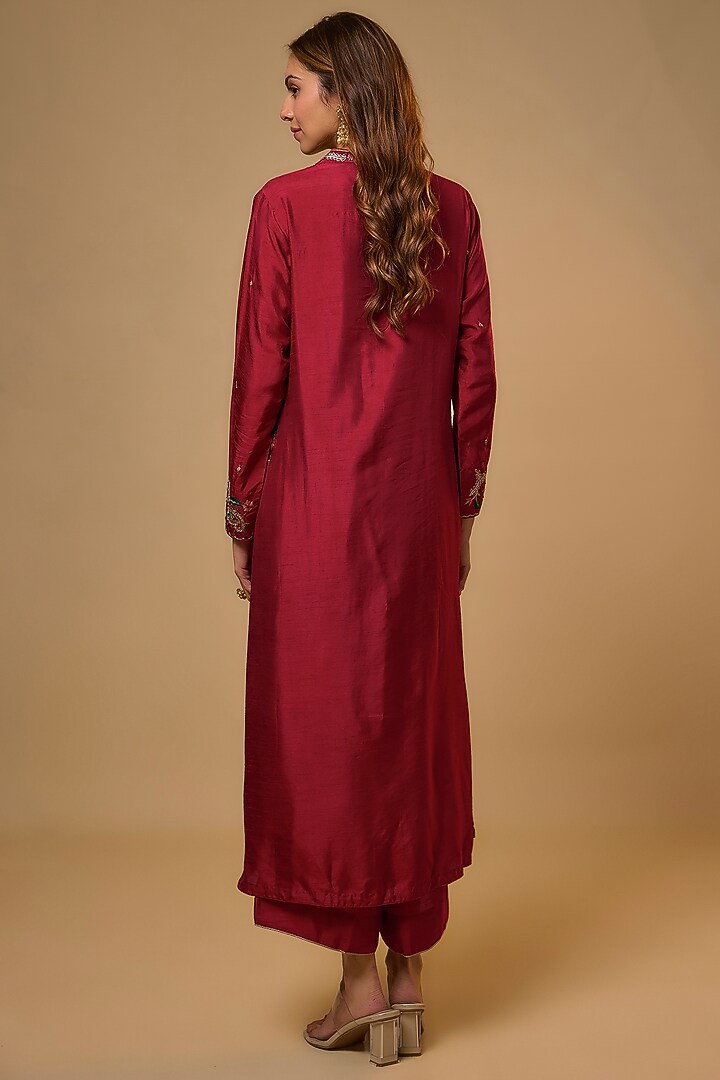 Maroon Silk Zardosi Embroidered Kurta Set by Niti Bothra at Pernia's Pop Up Shop