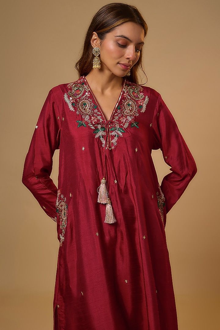Maroon Silk Zardosi Embroidered Kurta Set by Niti Bothra at Pernia's Pop Up Shop