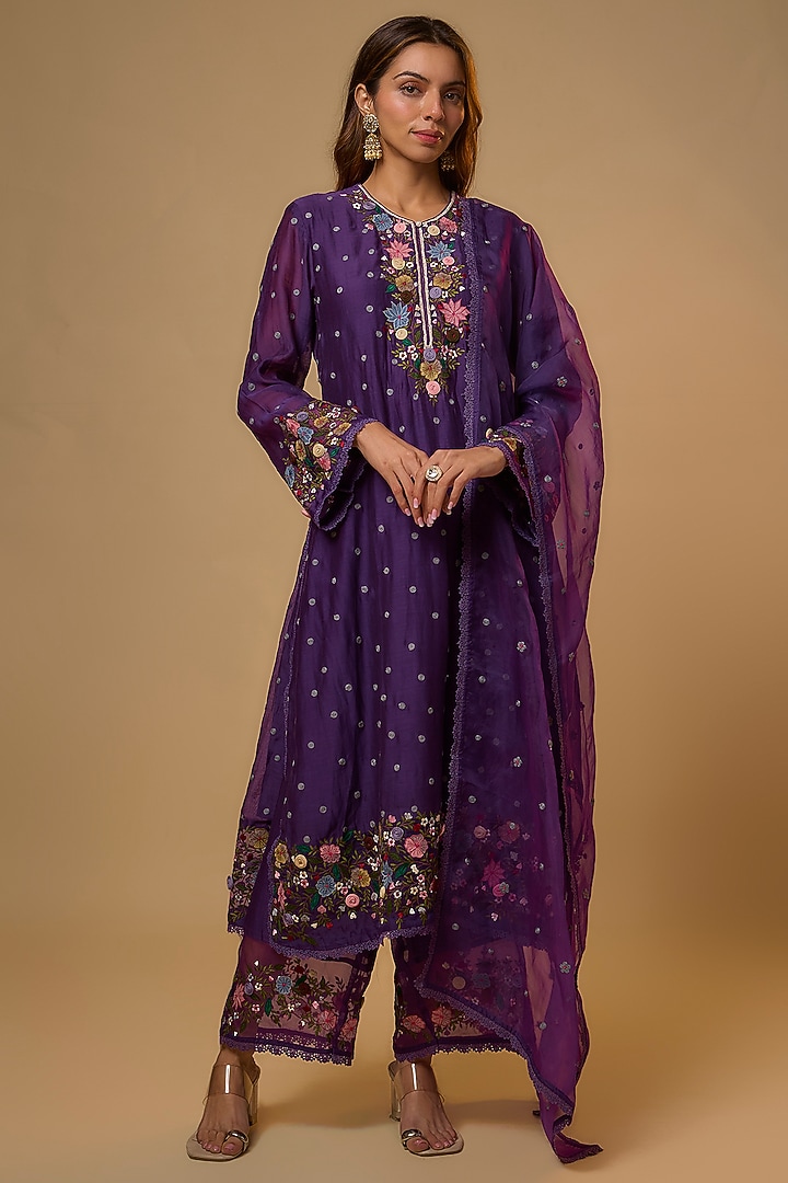 Purple Silk Resham Embroidered Kurta Set by Niti Bothra at Pernia's Pop Up Shop