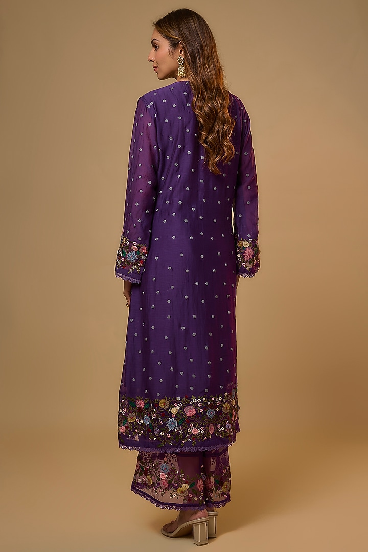 Purple Silk Resham Embroidered Kurta Set by Niti Bothra at Pernia's Pop Up Shop