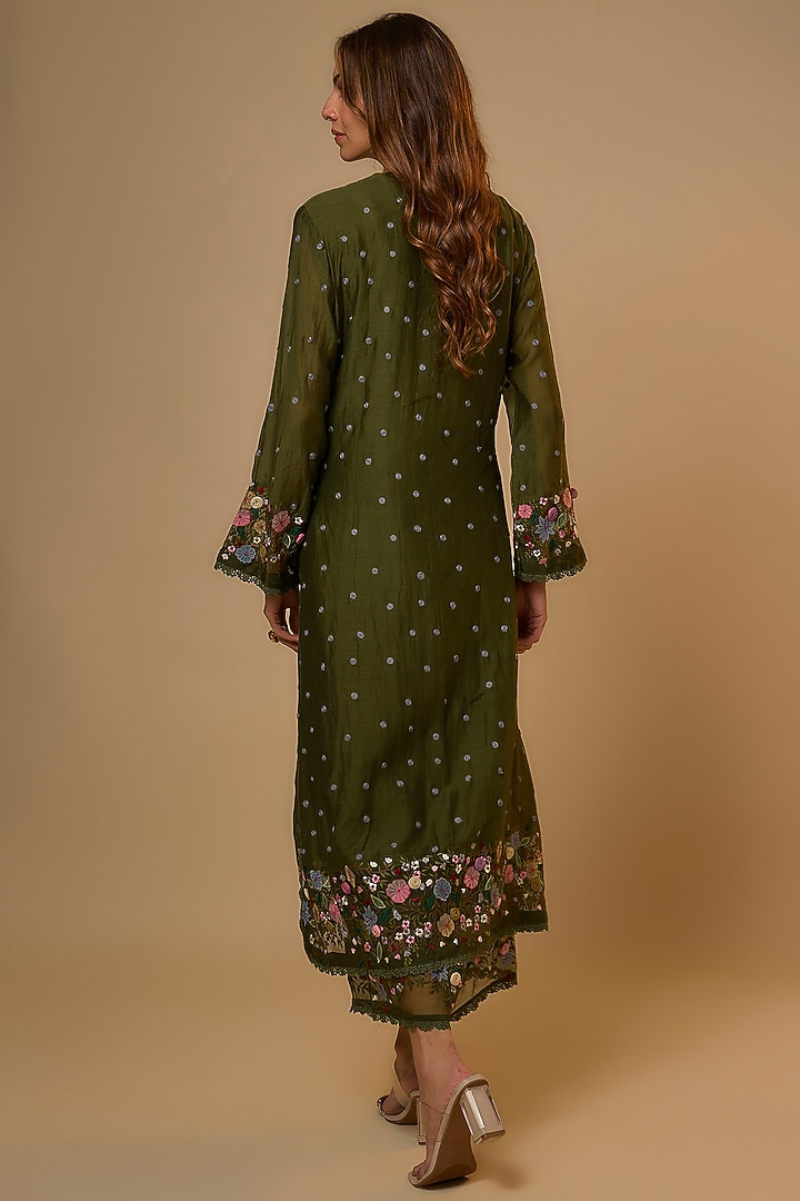 Olive Green Silk Resham Embroidered Kurta Set by Niti Bothra at Pernia's Pop Up Shop