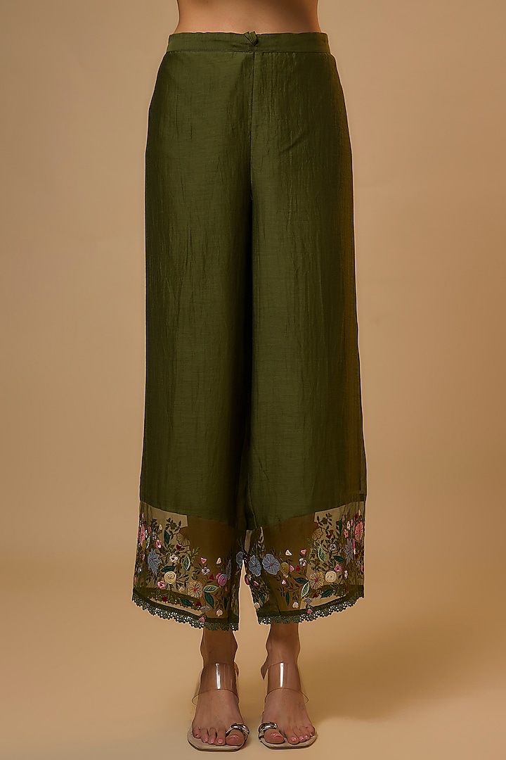 Olive Green Silk Resham Embroidered Kurta Set by Niti Bothra at Pernia's Pop Up Shop