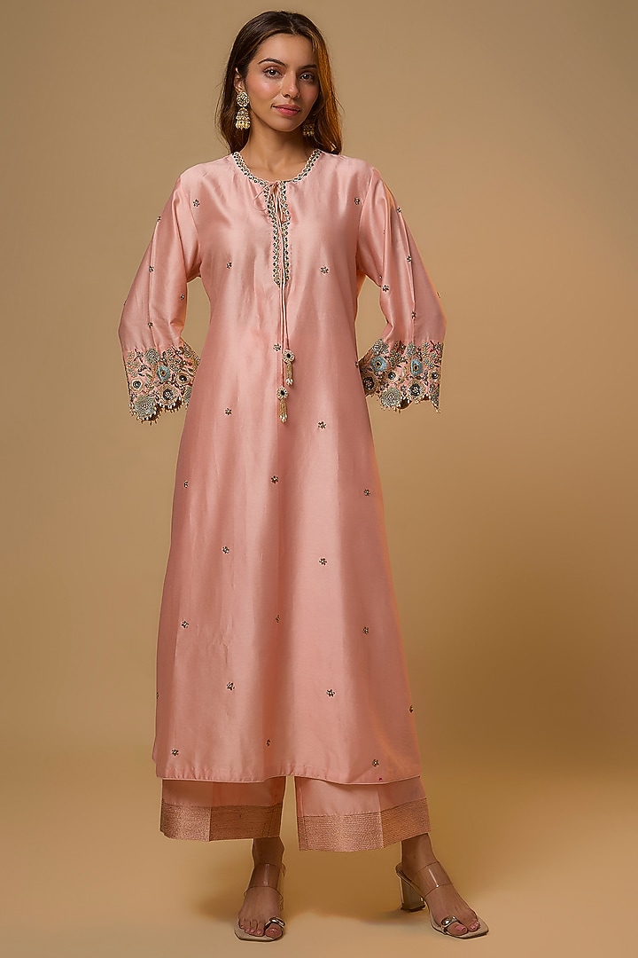 Light Pink Silk Pearl Embroidered Kurta Set by Niti Bothra at Pernia's Pop Up Shop