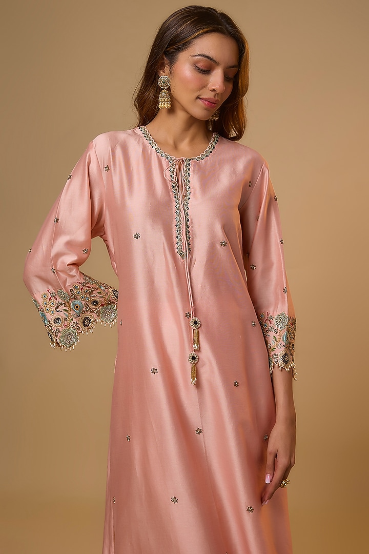 Light Pink Silk Pearl Embroidered Kurta Set by Niti Bothra at Pernia's Pop Up Shop