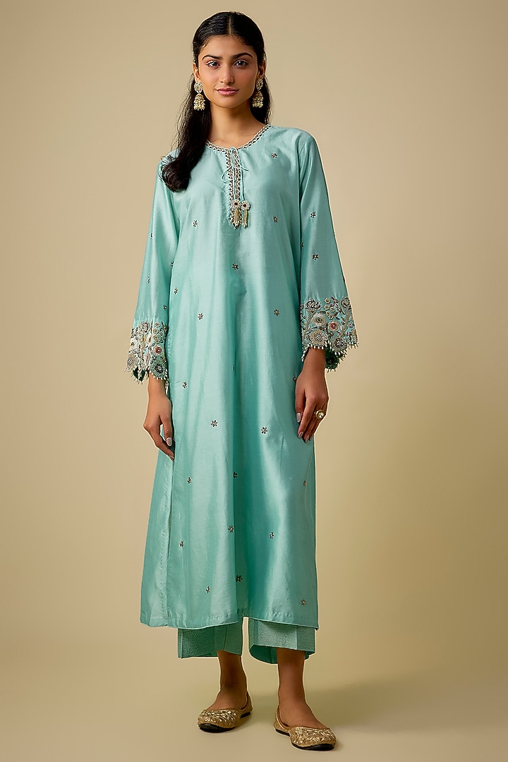 Light Blue Silk Cutwork Embroidered Kurta Set by Niti Bothra at Pernia's Pop Up Shop