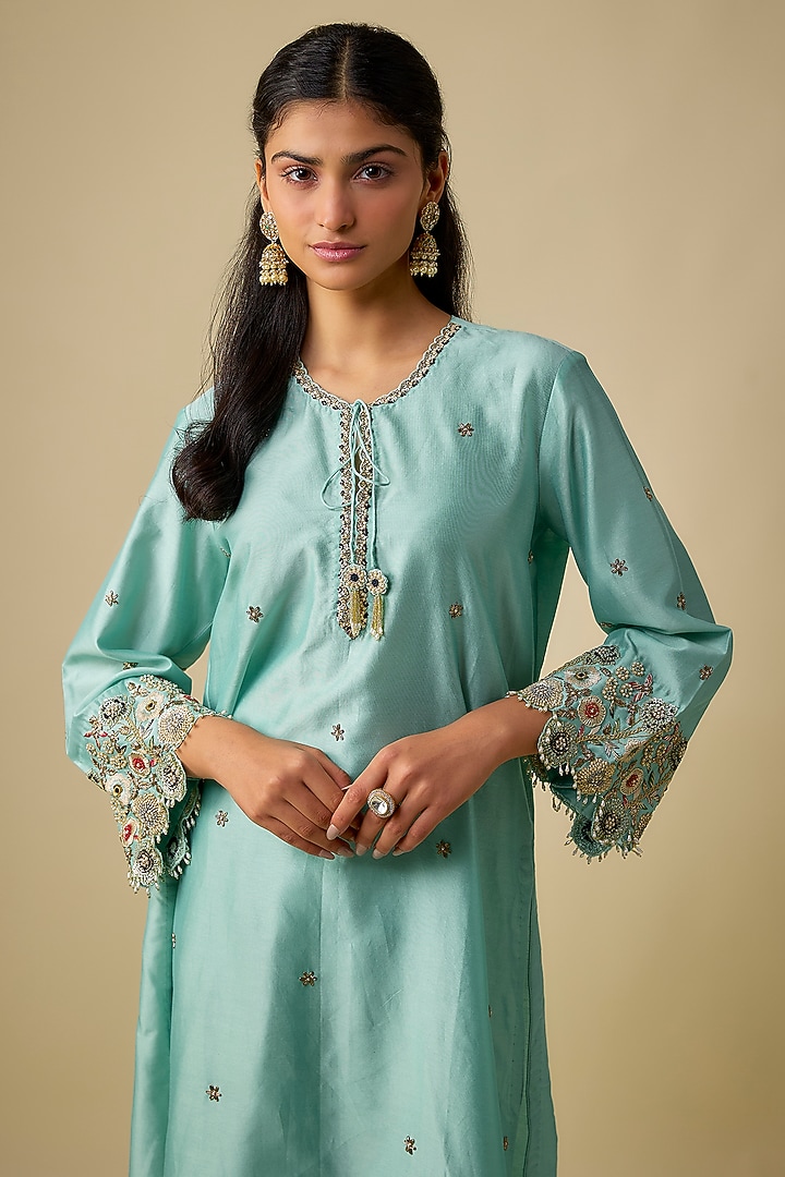 Light Blue Silk Cutwork Embroidered Kurta Set by Niti Bothra at Pernia's Pop Up Shop