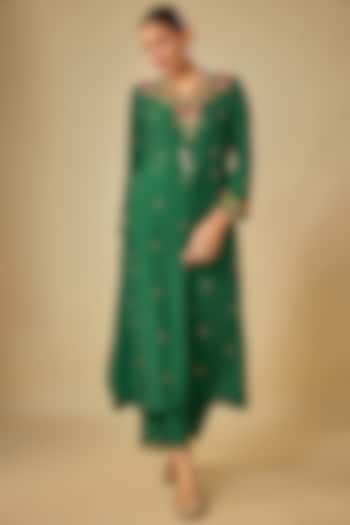 Green Silk Zardosi Embroidered Kurta Set by Niti Bothra at Pernia's Pop Up Shop