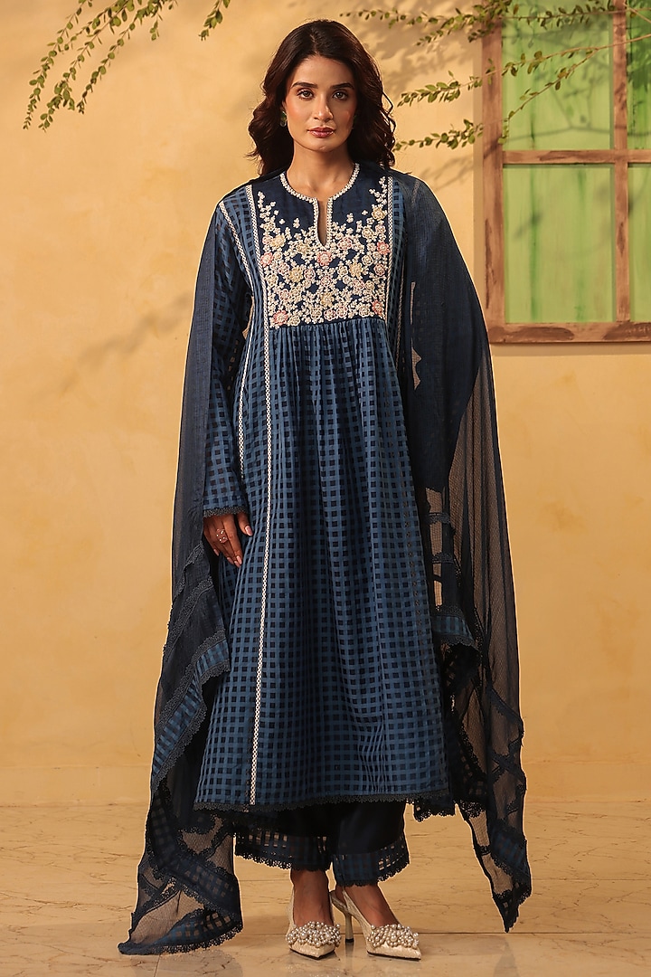 Dark Blue Silk Chanderi Applique & Resham Embroidered Kalidar Kurta Set by Niti Bothra at Pernia's Pop Up Shop